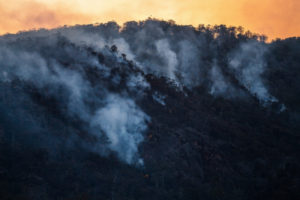 Bushfires at Fingal, Tasmania burning the mountain with smoke present
