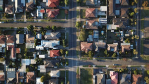 an aerial shot of a suburban Australian neighbourhood to signify ageing in place on a community level